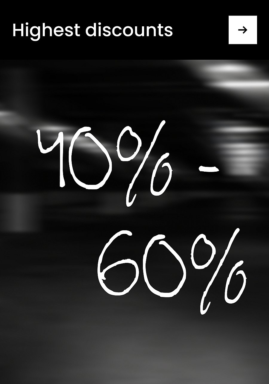White and maroon ad banner. Text: 'Highest discounts' with a right arrow, and 'All items at 40-60% off'.