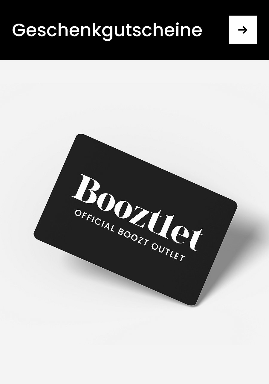 Weiße Geschenkbox mit einer blauen Schleife, in der sich eine schwarze Booztlet.com-Geschenkkarte befindet. Darunter: „Geschenkkarten“.