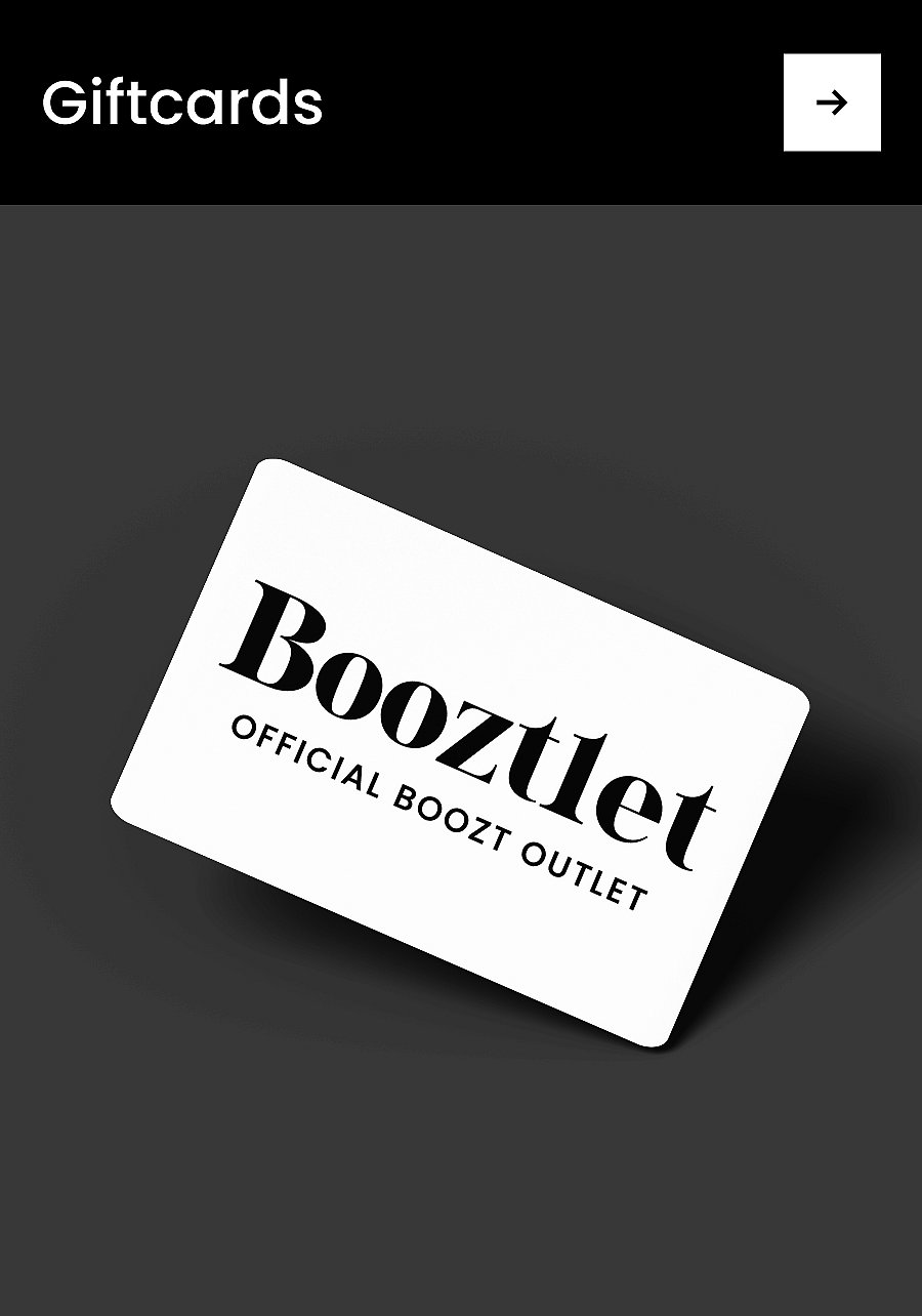 White gift box with a blue ribbon and bow, holding a black Booztlet.com Giftcards card. Text below reads Giftcards
