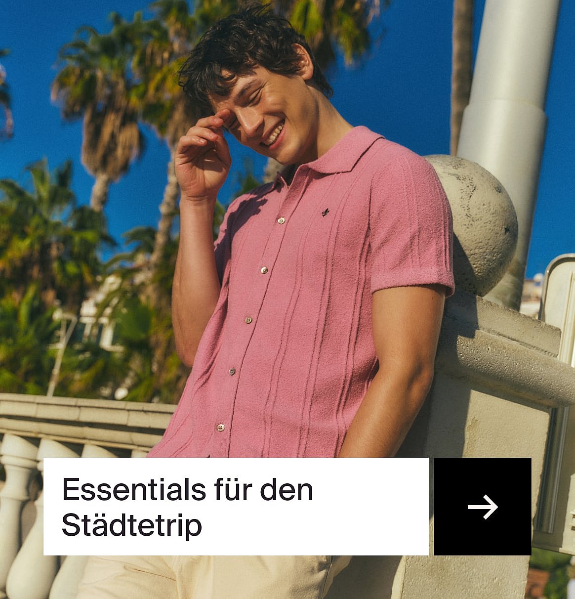 Lächelnder Mann in rosa Polohemd, die Hand am Gesicht, lehnt an einer Steinbalustrade. Palmen und blauer Himmel.