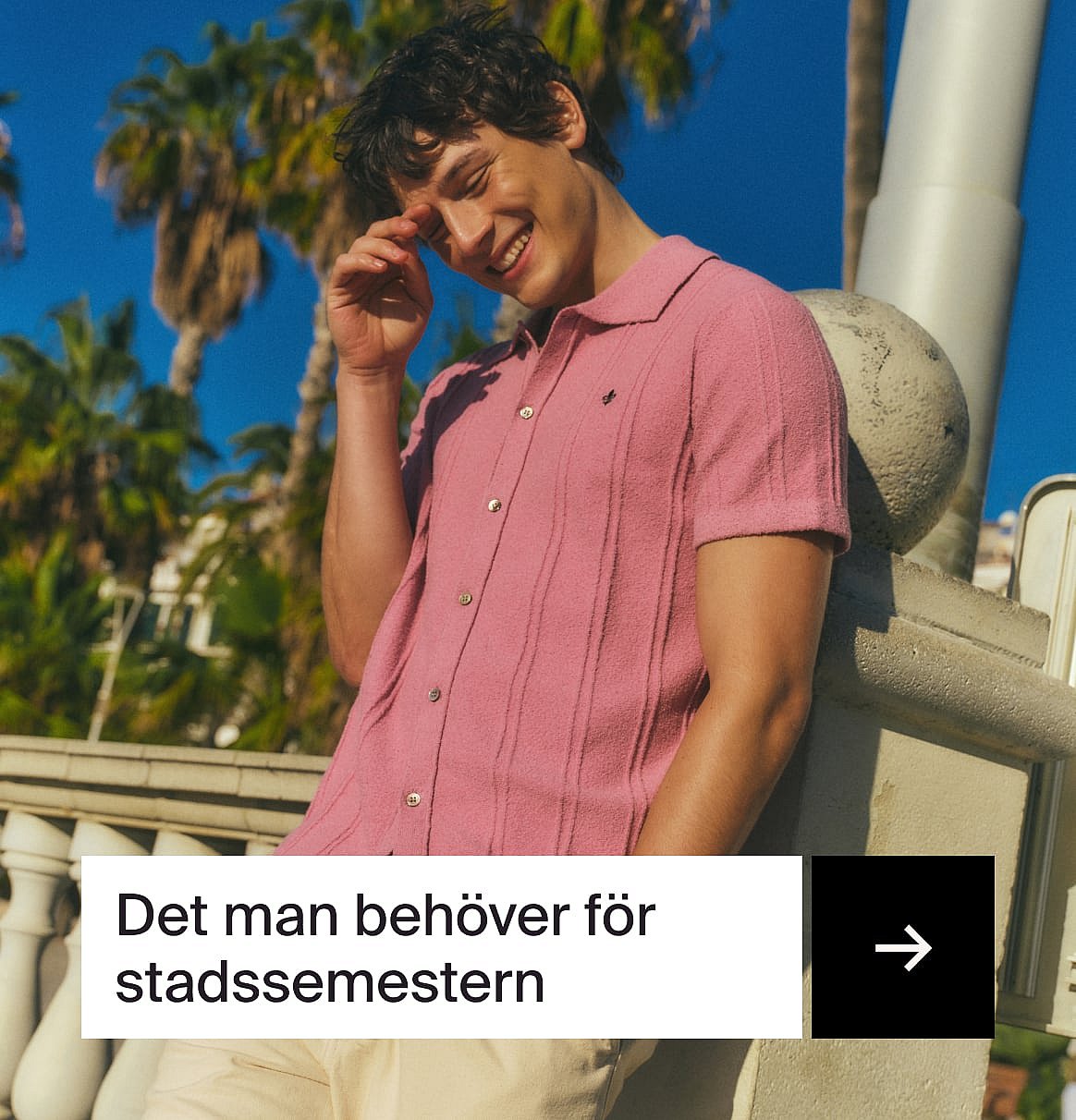Leende man i rosa piké, handen vid ansiktet, lutande mot en stenbalustrad. Palmer och blå himmel.
