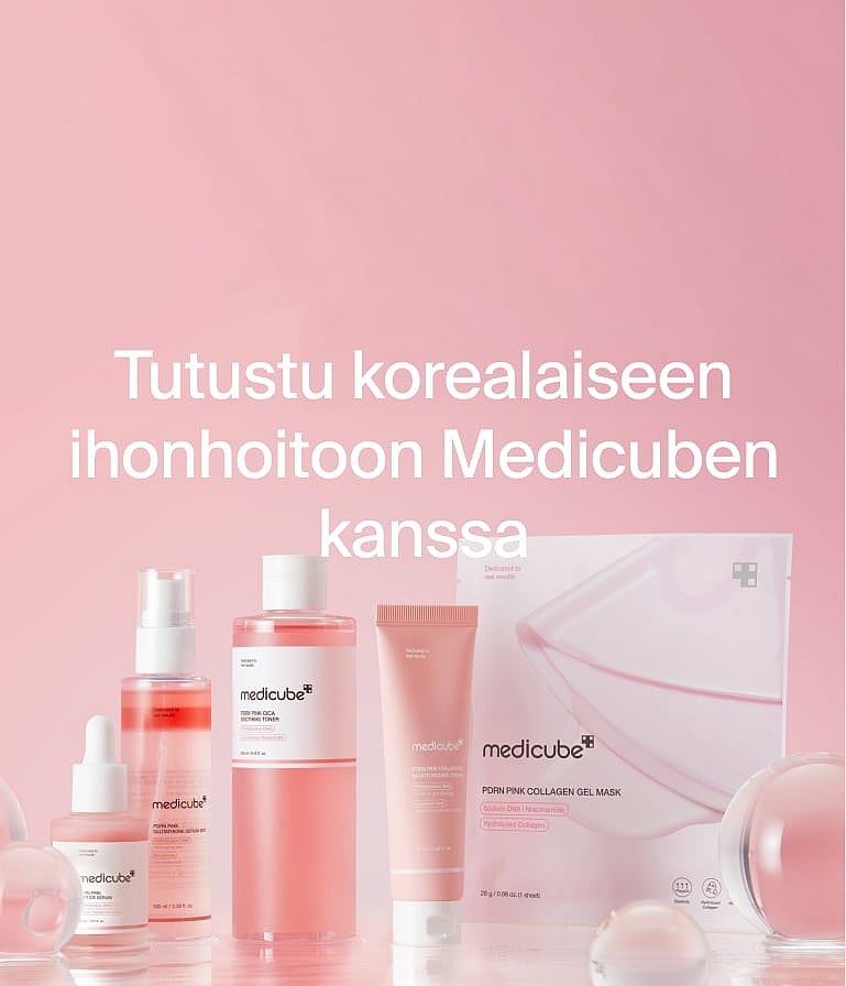 Tutustu korealaiseen ihonhoitoon Medicuben vaaleanpunaisilla ihonhoitotuotteilla (seerumi, kasvovesi, voide, naamio) vaaleanpunaisella taustalla.