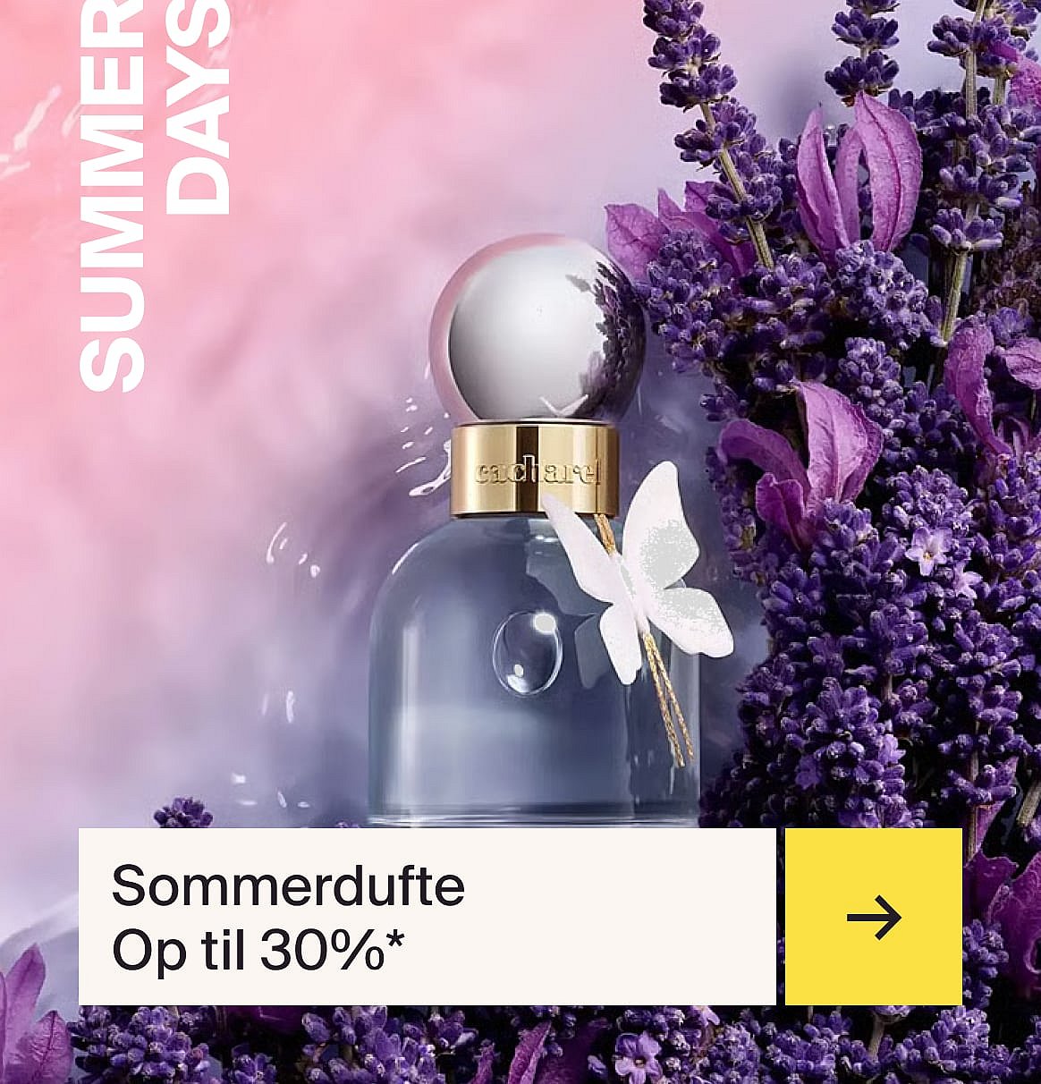 Cacharel parfumeflaske med en hvid sommerfugl, omgivet af lavendel. Baggrund i lyserød og lilla gradient.