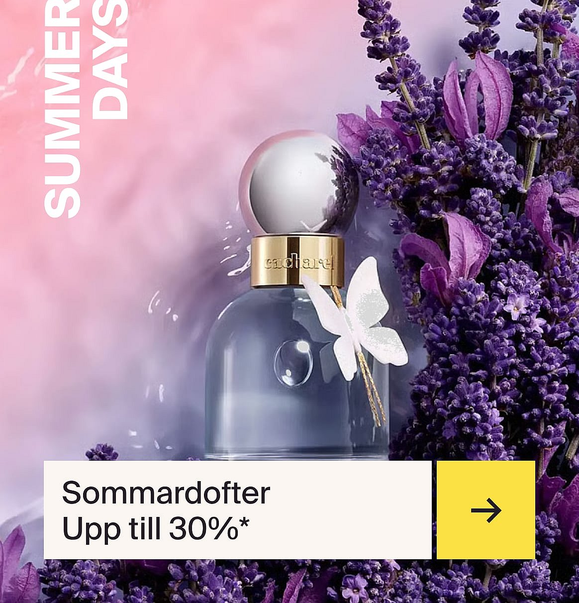 Cacharel parfymflaska med en vit fjäril, omgiven av lavendel. Rosa och lila gradientbakgrund.