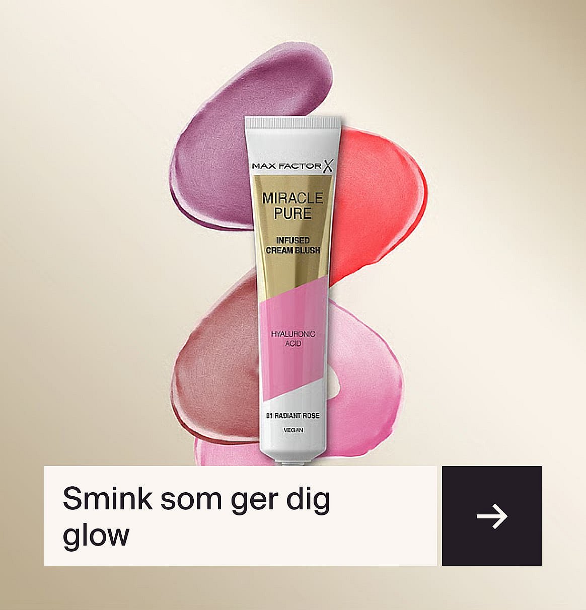 Max Factor Miracle Pure Krämrouge-tub med rosa, röd och lila färgprover.