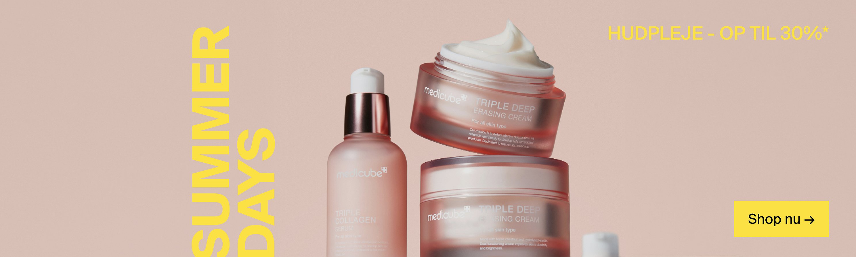 Skönhetsprodukter mot en rosa bakgrund. Text: SUMMER DAYS, UPP TILL 30% PÅ STYLES DU ÄLSKAR*, Shoppa nu →.
