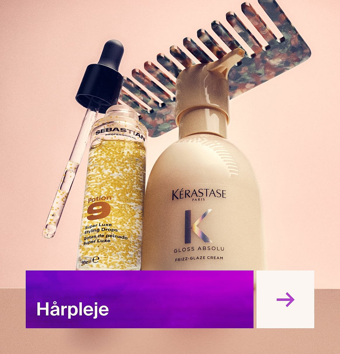 Sebastian styling dråber (dråbeflaske)
Kérastase anti-frizz glanscreme (pumpeflaske)
En skildpaddekam på lyserød