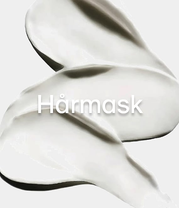Vita krämvirvlar på en ljus bakgrund med ordet "Hårmask" i mitten.