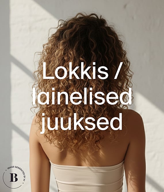 Inimese selg pikkade, pruunide lokkis juustega. Valge seinataust varjudega. Pealiskiri: "Lockigt hår".
