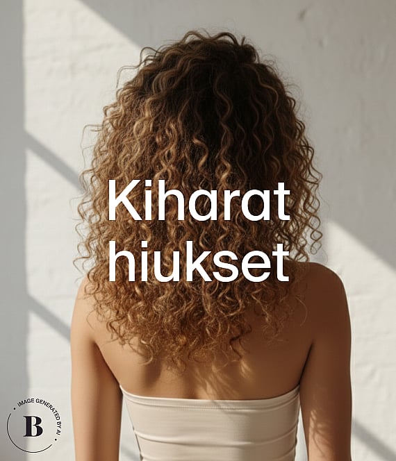 Henkilö selin, jolla on pitkät, ruskeat kiharat hiukset. Valkoinen seinätausta varjoineen. Tekstipeite: "Kiharat hiukset".