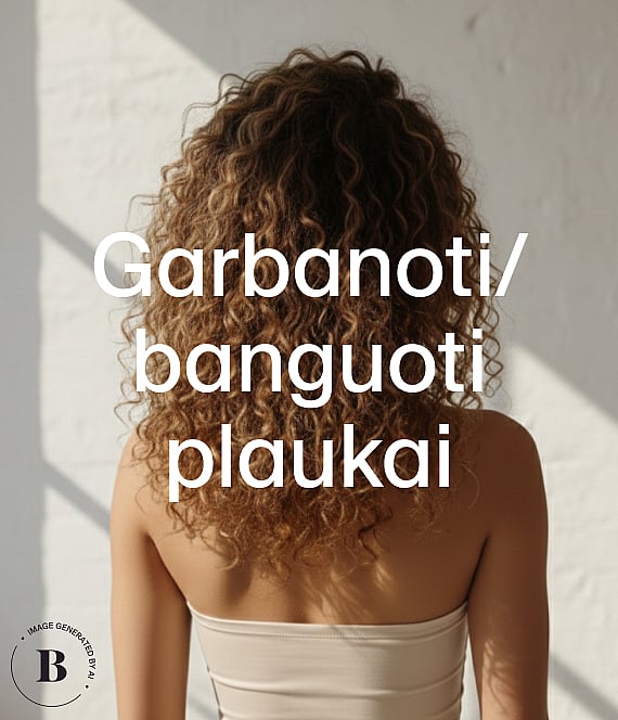 Asmuo iš nugaros su ilgais, rudais garbanotais plaukais. Baltos sienos fonas su šešėliais. Teksto perdanga: "Lockigt hår".