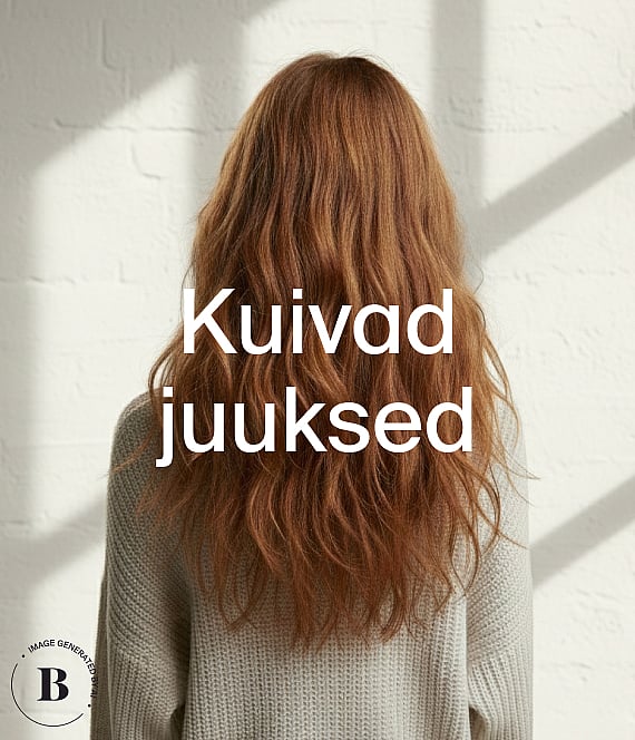 Seljaga inimene pikkade laineliste punakaspruunide juuste ja heleda kampsuniga valge varjudega telliskiviseina taustal. Tekst: Kuivad juuksed.