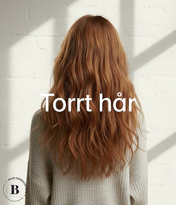 En person sedd bakifrån med långt vågigt rödbrunt hår och ljus tröja, mot en vit tegelvägg med skuggor.