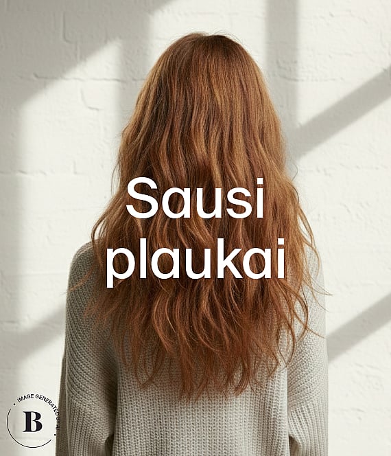 Asmens nugara su ilgais, banguotais, raudonai rudais plaukais ir šviesiu megztiniu, prie baltos plytų sienos su šešėliais. Tekstas: Sausi plaukai.