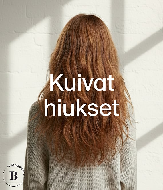 Selkäkuva henkilöstä, jolla on pitkät, aaltoilevat, punertavanruskeat hiukset ja vaalea neule, valkoista tiiliseinää vasten varjoineen. Teksti: Kuivat hiukset.