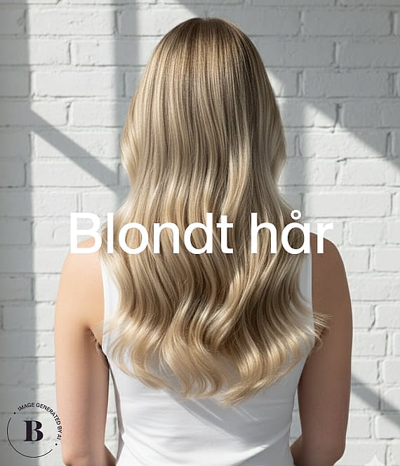 En persons rygg, långt vågigt blont hår mot en vit tegelvägg. Texten "Blondt hår" är överlagrad.