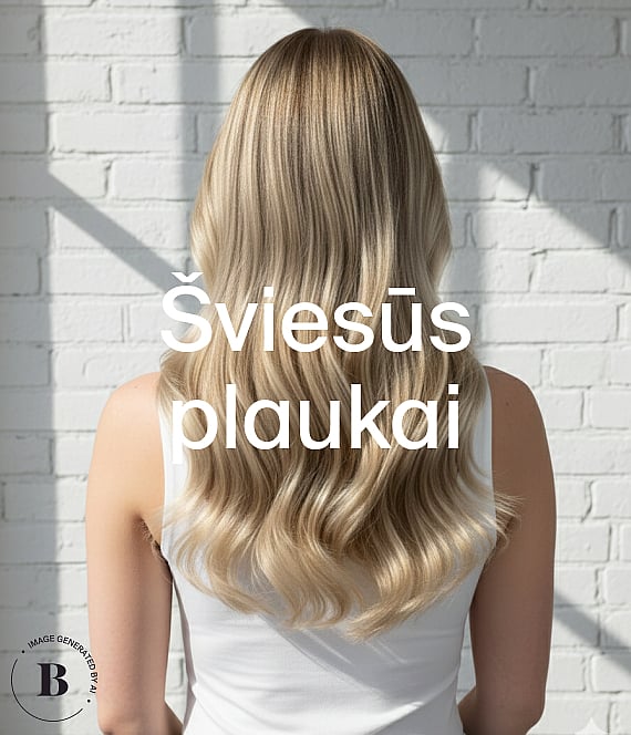 Asmens nugara ir ilgi banguoti šviesūs plaukai prie baltos plytų sienos, su uždėtu užrašu „Šviesūs plaukai“.
