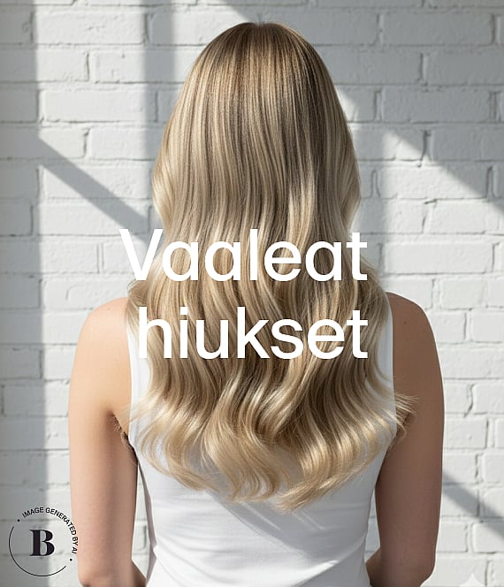 Henkilö selin, pitkät aaltoilevat vaaleat hiukset valkoista tiiliseinää vasten. Kuvan päällä on teksti "Blondt hår".