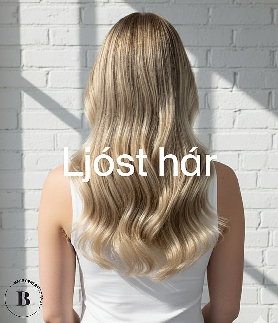 Manneskja sést aftan frá með langt bylgjað ljóst hár við hvítan múrsteinsvegg. Textinn „Blondt hår“ er yfirlagður.