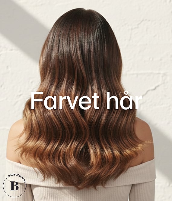 Ryggen af en person med langt, bølget brunt hår med highlights, mod en lys væg. Tekst: "Farvet hår".