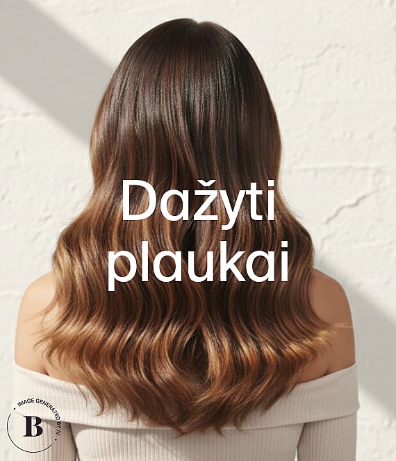 Žmogaus nugara su ilgais, banguotais rudais plaukais su šviesiomis sruogelėmis, šviesios sienos fone. Tekstas: „Dažyti plaukai“