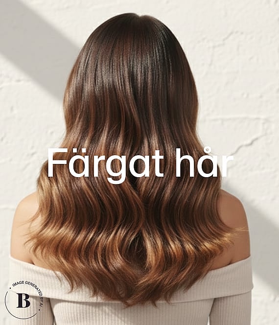 Baksidan av en person med långt, vågigt brunt hår med slingor, mot en ljus vägg. Text: "Färgat hår".