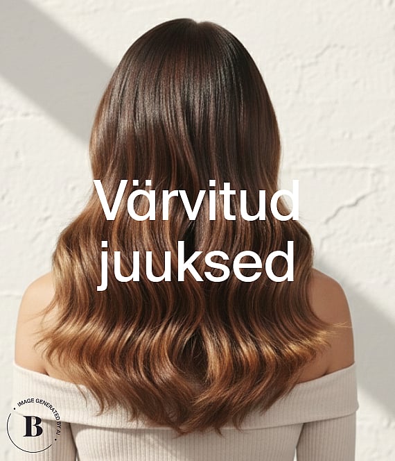 Inimene seljaga, pikkade, laineliste pruunide heledate salkudega juustega, heleda seina taustal. Tekst: "Färgat hår".