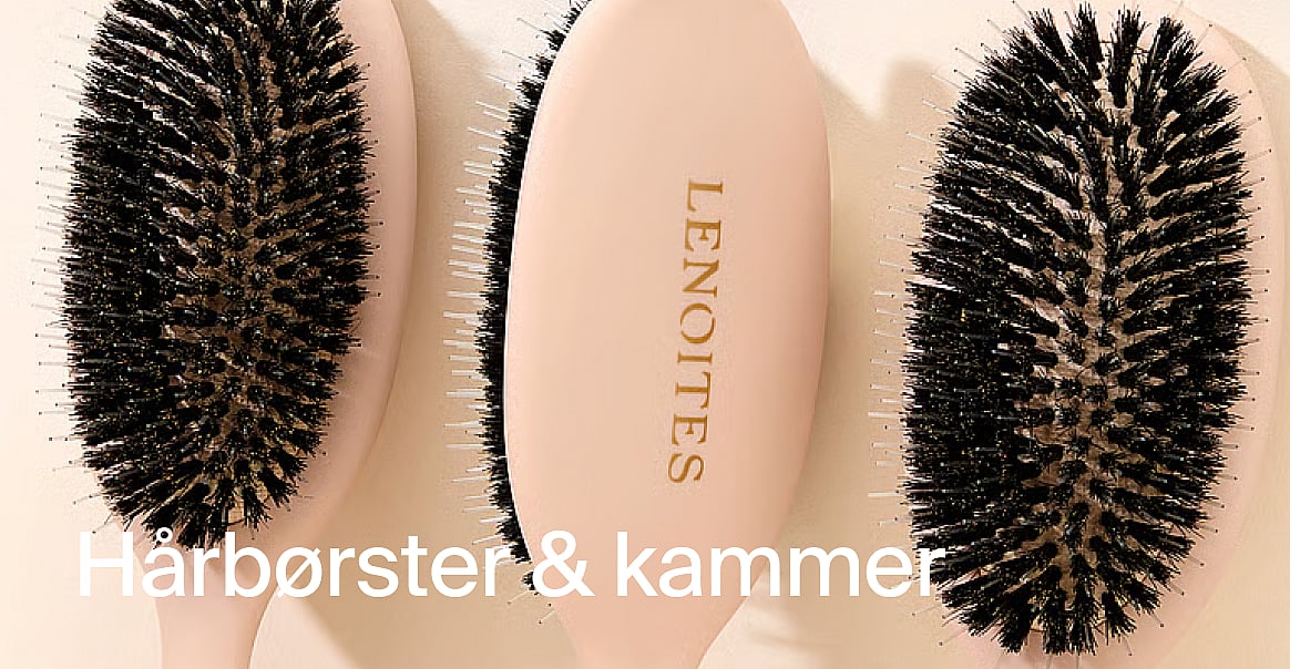 Tre ovale rosa hårbørster med svart bust og hvite pinner. Én børste har teksten 'LENOITES'. Tekst: Hårbørster & kammer.