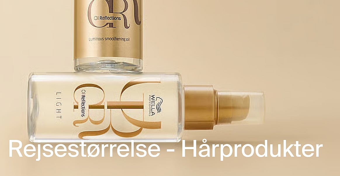 To Wella Oil Reflections hårproduktflasker, én stående, én liggende, på en lys beige baggrund. Rejsestørrelser -