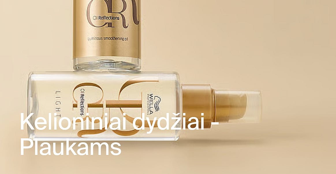 Du Wella Oil Reflections plaukų priežiūros priemonių buteliukai, vienas stovintis, kitas gulintis, šviesiai smėlio spalvos fone. Resestorlekar -