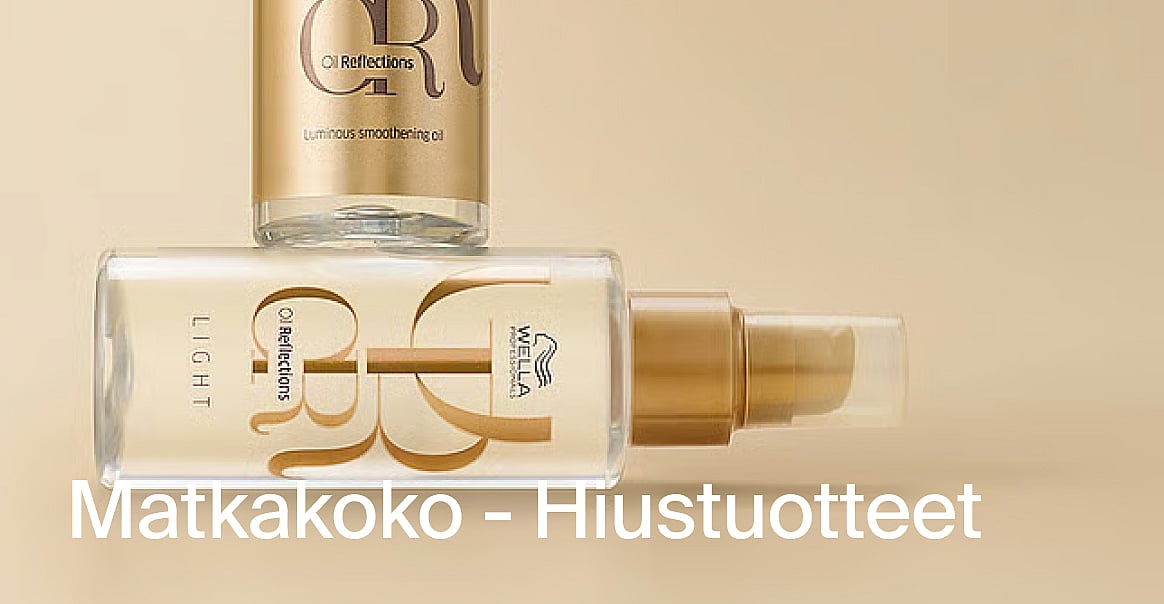 Kaksi Wella Oil Reflections -hiustuote pulloa, toinen seisoo, toinen makaa, vaalean beigellä taustalla. Teksti: Matkakoot