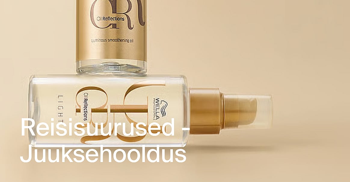 Kaks Wella Oil Reflections juuksehooldustoodete pudelit, üks seisab, teine lebab, helebeežil taustal.