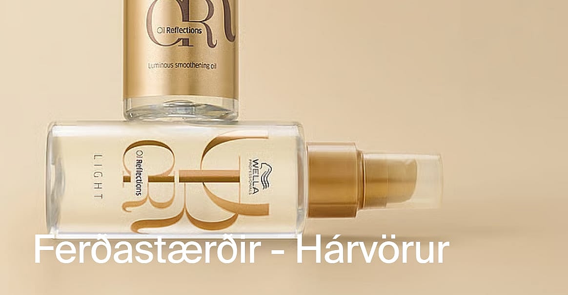 Tvær Wella Oil Reflections hárvöruflöskur, önnur stendur, hin liggur, á ljósbeige bakgrunni. Texti: Ferðastærðir -