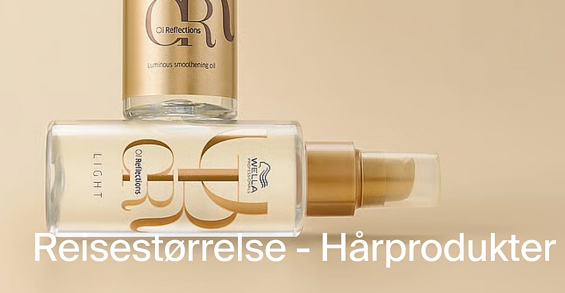 To Wella Oil Reflections hårproduktflasker, én stående, én liggende, på en lys beige bakgrunn. Reisestørrelser