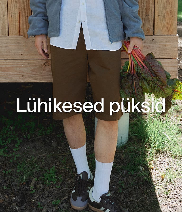 Pruunides lühikestes pükstes, valges särgis ja sinises jakis hoiab punase varrega rohelisi taimi õues puitseina ääres.