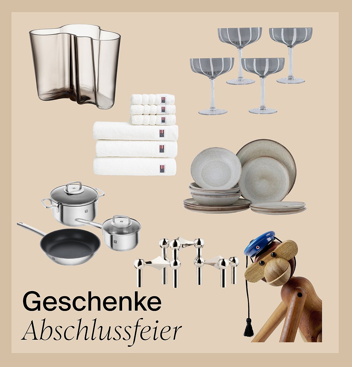 Verschiedeni Huushalt-Gschänk: Vase, Tüechli, Gläser, Kochgschiir, Gschiir, Chärzeständer und en Holz-Aff. Abschluss-Gschänk.