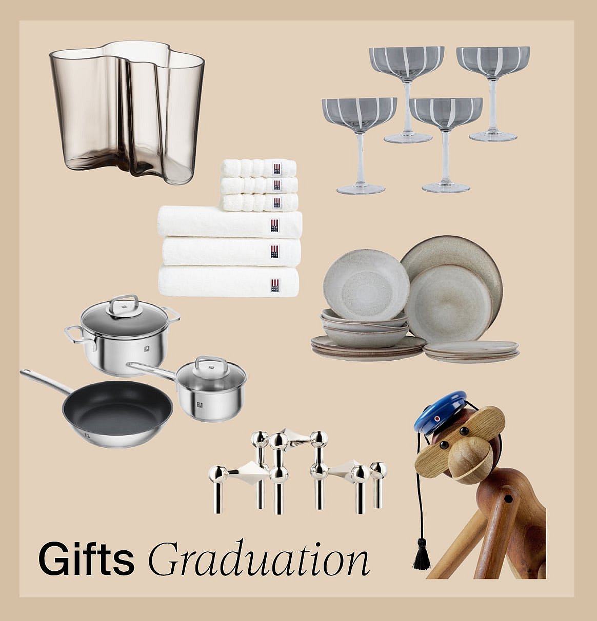 Various household gifts: vase, towels, glasses, cookware, dishes, candle holder, and a wooden monkey. Text: Gifts Graduation.