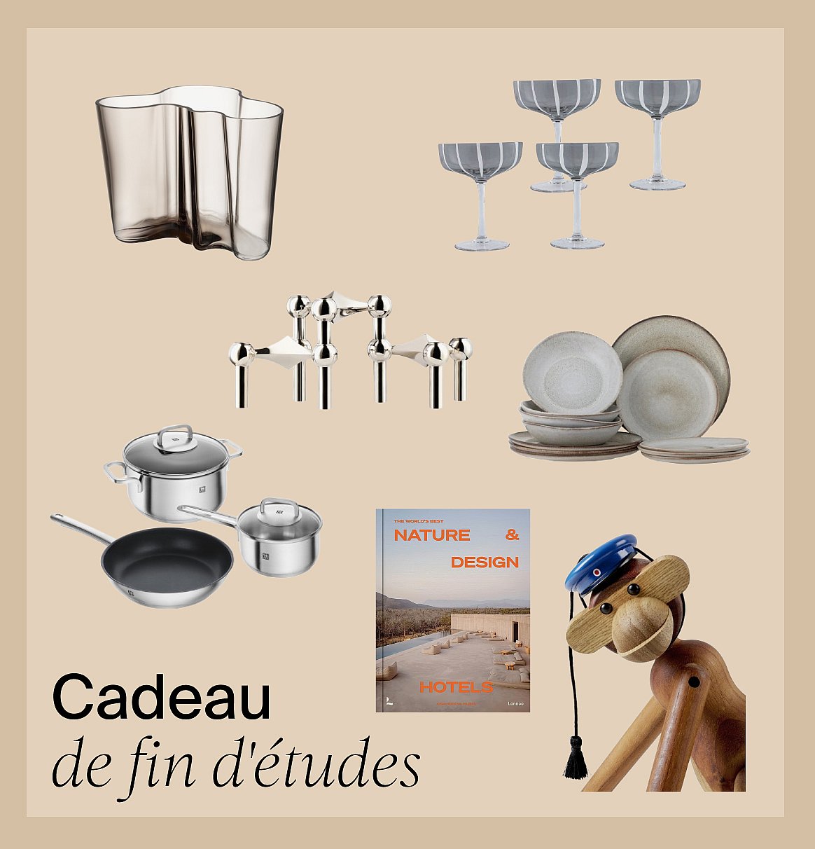 Divers cadeaux pour la maison : vase, serviettes, verres, ustensiles de cuisine, vaisselle, bougeoir et un singe en bois.
Cadeaux Diplôme.