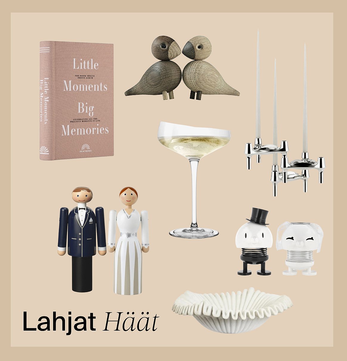 Häälahjat: valokuva-albumi, puiset linnut, samppanjalasi, kynttelikkö ja erilaisia morsiusparifiguureja.