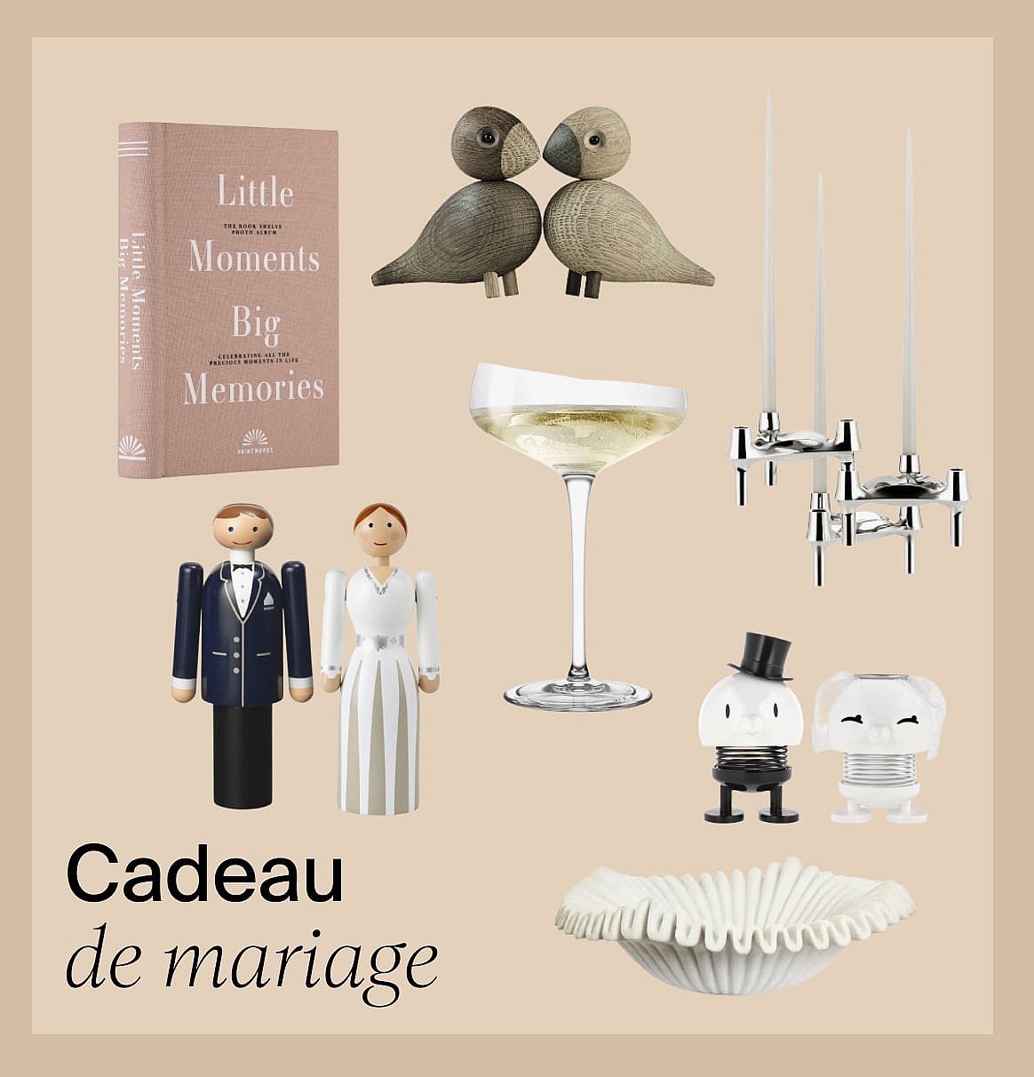 Cadeaux de mariage : un album photo, des oiseaux en bois, une flûte à champagne, un candélabre et diverses figurines de mariés.