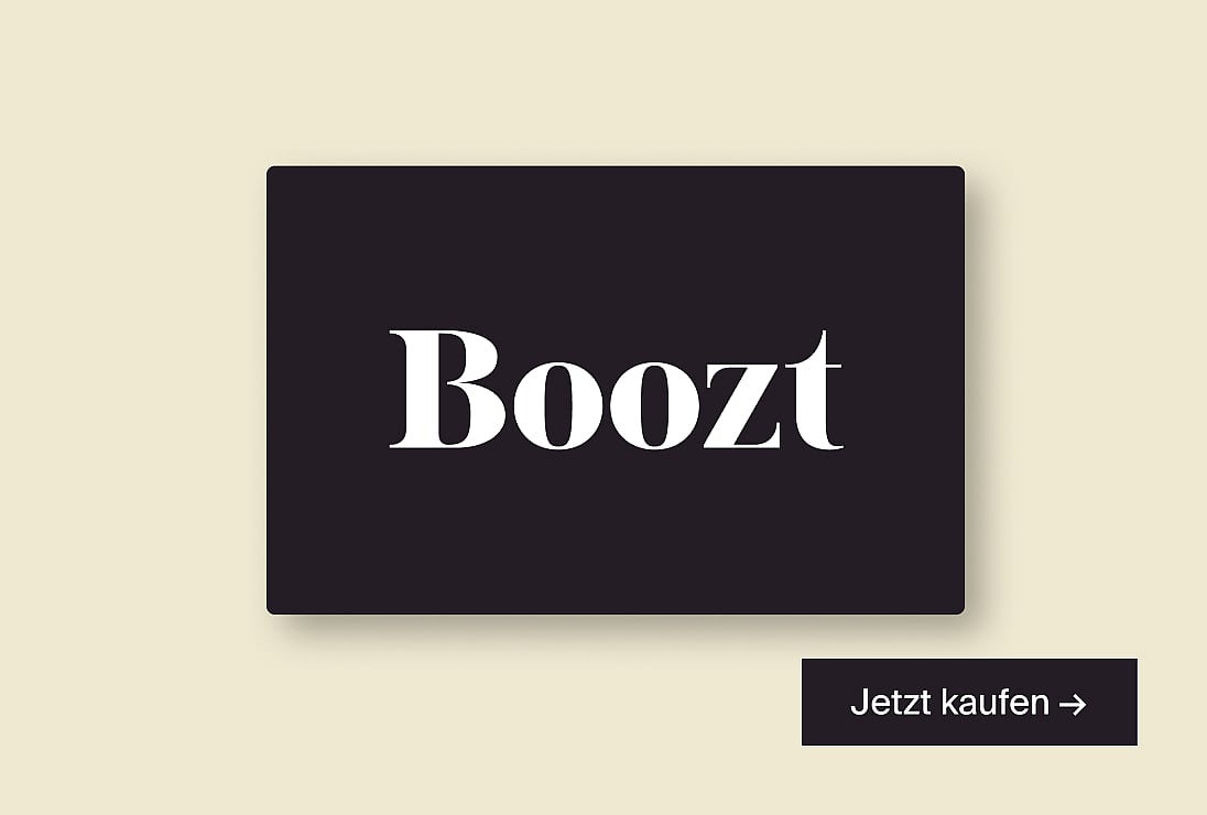 Dark rectangle with white "Boozt" text on a light beige background. A "Jetzt kaufen →" button is in the bottom right.