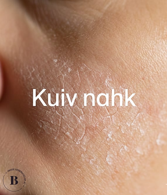 Lähivõte kuivast, ketendavast nahast nähtavate pragude ja koorumisega. Valge tekst "Torr hy" on peal.