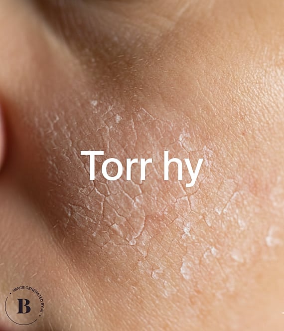 Närbild på torr, flagnande hud med synliga sprickor och fjällning. Vit text "Torr hy" är överlagrad.