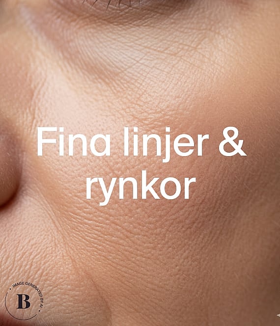 Närbild av hud med synliga fina linjer och rynkor. Textöverlagring lyder "Fina linjer & rynkor."