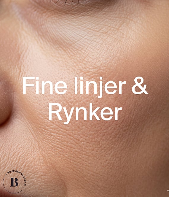 Nærbillede af hud med synlige fine linjer og rynker. Tekstoverlejring lyder "Fina linjer & rynkor."