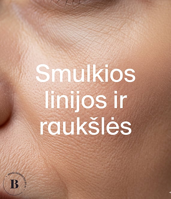 Stambus žmogaus odos planas su matomomis smulkiomis raukšlelėmis ir raukšlėmis. Teksto perdanga skelbia „Fina linjer & rynkor“.