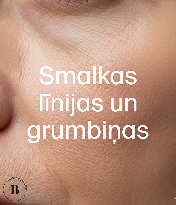 Cilvēka ādas tuvplāns ar redzamām smalkajām līnijām un grumbām. Uzraksts skan: "Fina linjer & rynkor."
