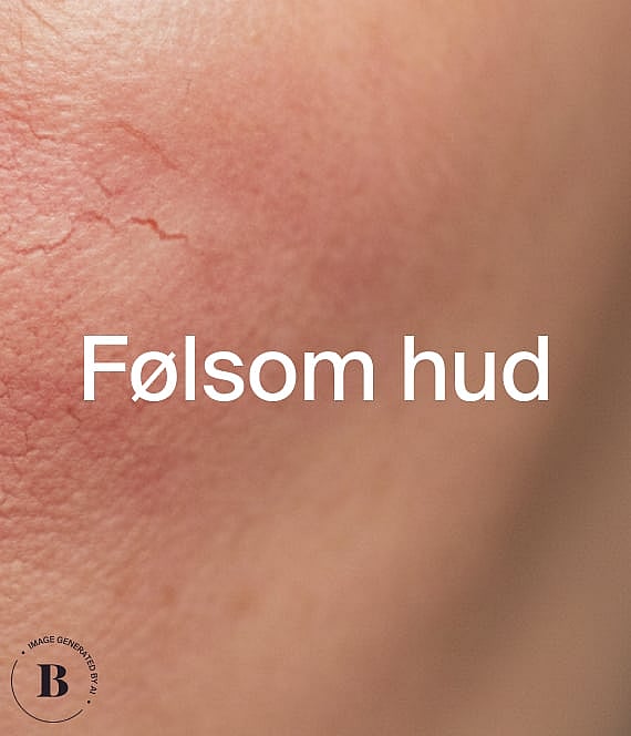 Nærbillede af hud med synlige røde blodårer og rødme. Hvid tekst lyder "Känslig hy".