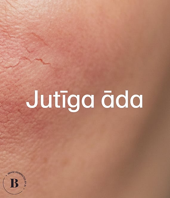 Ādas tuvplāns ar redzamām sarkanām vēnām un apsārtumu. Balts teksts: "Känslig hy".