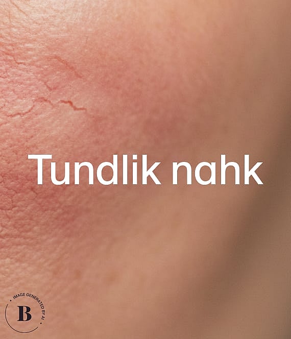 Naha lähivõte nähtavate punaste kapillaaride ja punetusega. Valge tekst: "Känslig hy".